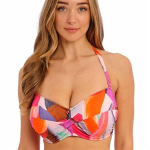 Soft Tie Halter Bra, Beach Cabana, Yellow/Aqua/Pink/Orange Print